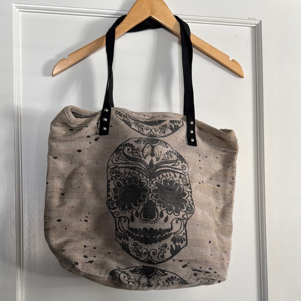 Free People Skull Design Tote in Beige and Black